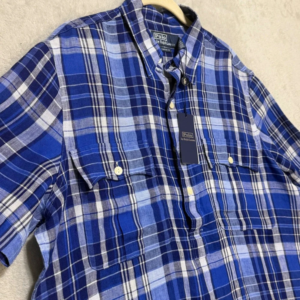 Polo Ralph Lauren Button Down Shirt Mens Medium Blue Plaid Linen Classic Fit
